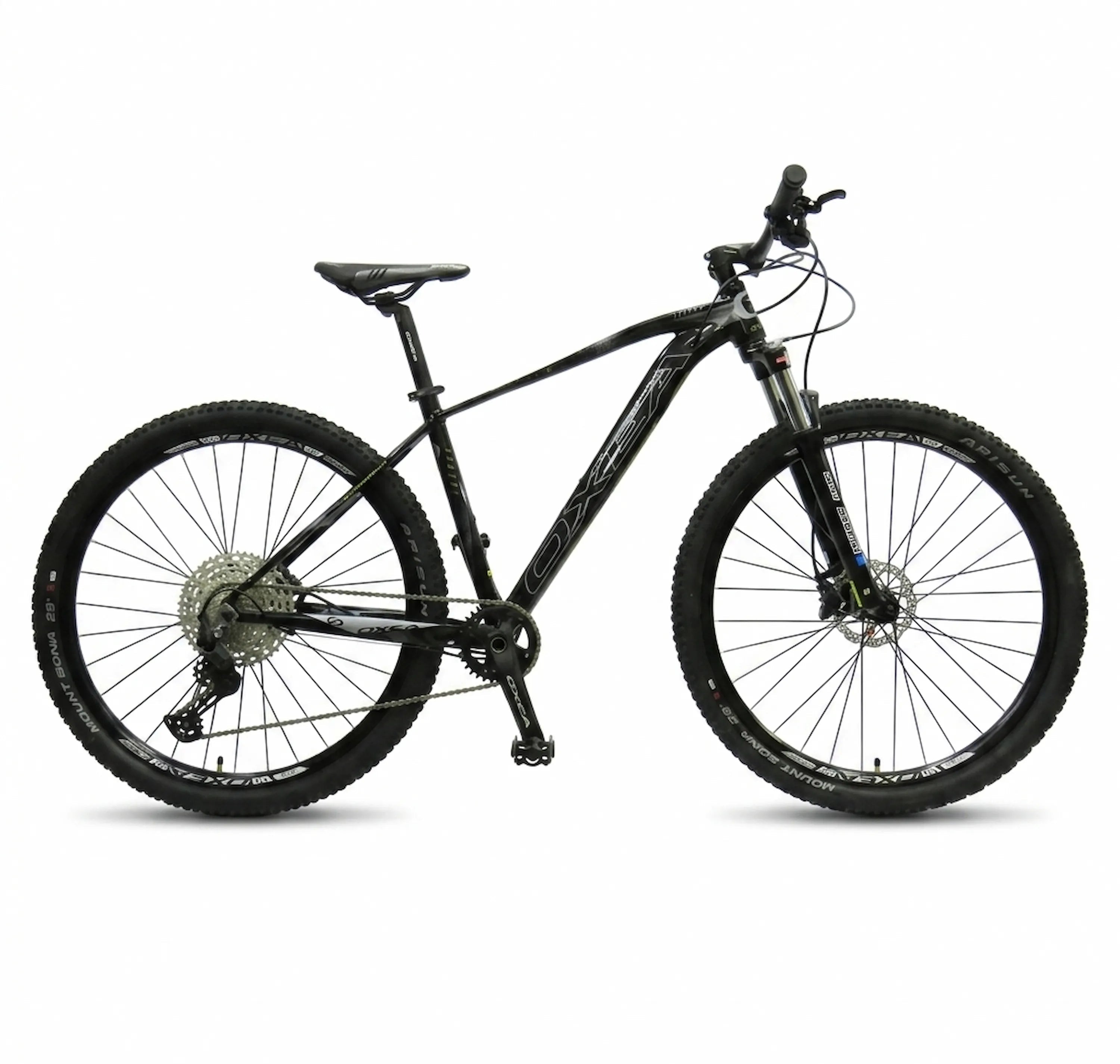 Bicicleta MTB Oxea Tucana negra rodado 29 con transmisión Shimano Deore 1 x 11 monoplato y suspensión delantera.