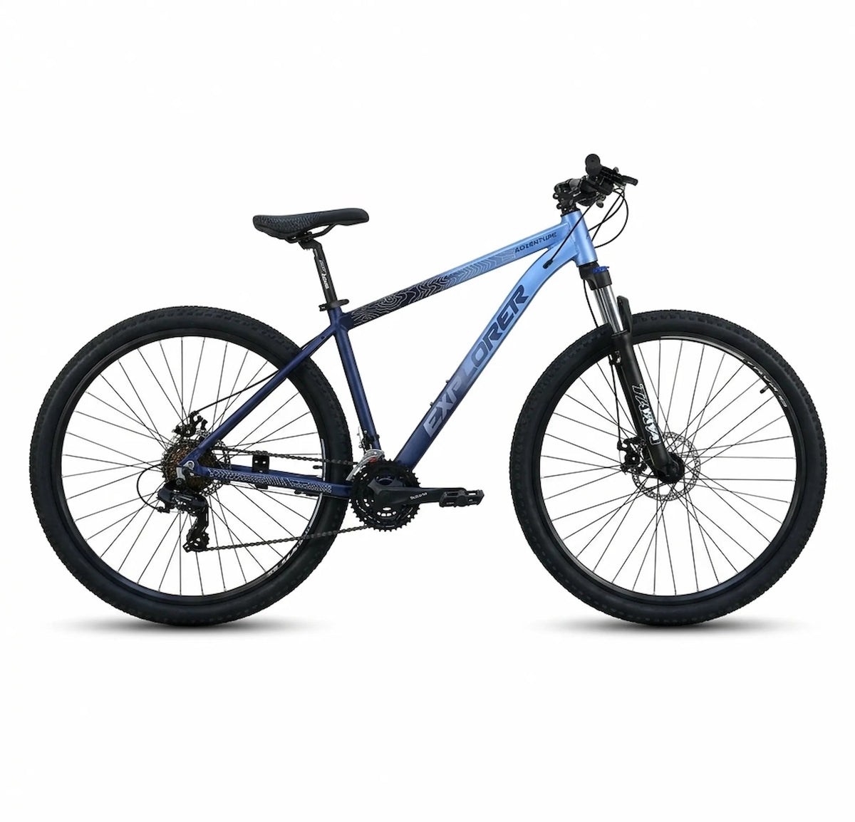 Bicicleta Explorer Adventure 1.0 rodado 29 azul, con suspensión delantera y frenos a disco, vista lateral.