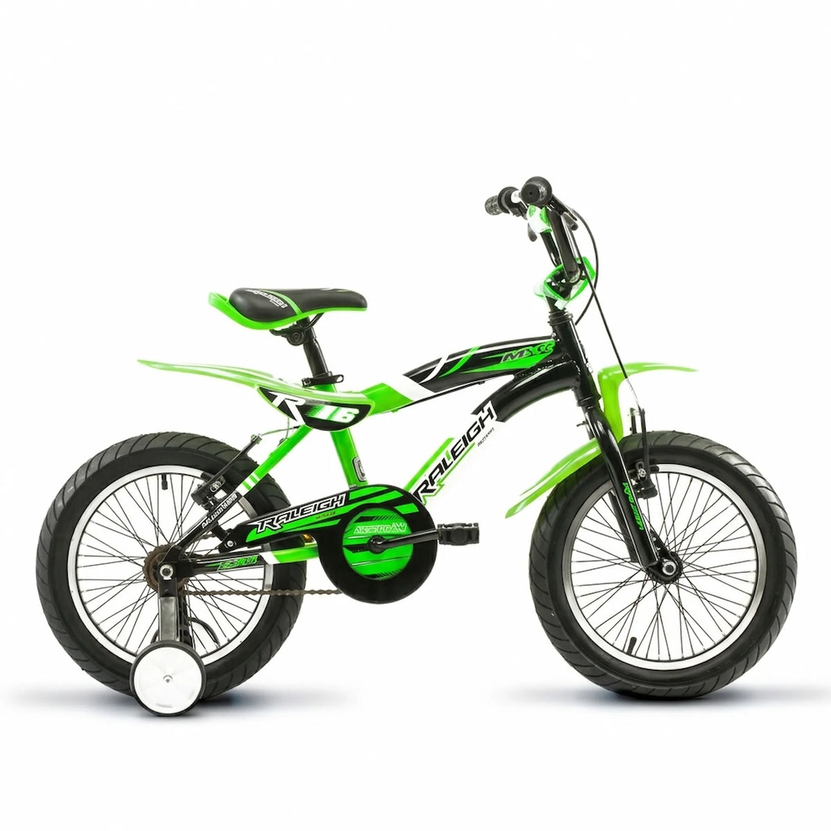 Bicicleta infantil Raleigh MXR16 rodado 16 en color verde y negro, con rueditas de apoyo, vista lateral.